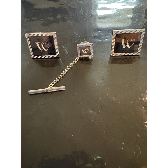 Swank Signed Silver Tone Black Enamel Letter W Cufflinks & Tie Tack A-47 - Picture 3 of 6